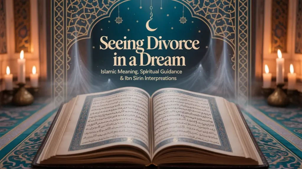 Open book with Arabic text on ornate table, surrounded by lit candles. Text above reads "Seeing Divorce in a Dream" under a crescent moon.