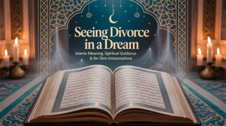 Open book with Arabic text on ornate table, surrounded by lit candles. Text above reads "Seeing Divorce in a Dream" under a crescent moon.