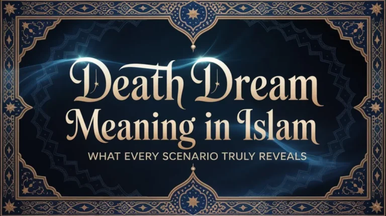 Elegant dark blue and gold Islamic-themed border surrounds the text "Death Dream Meaning in Islam: What Every Scenario Truly Reveals" in shining script.