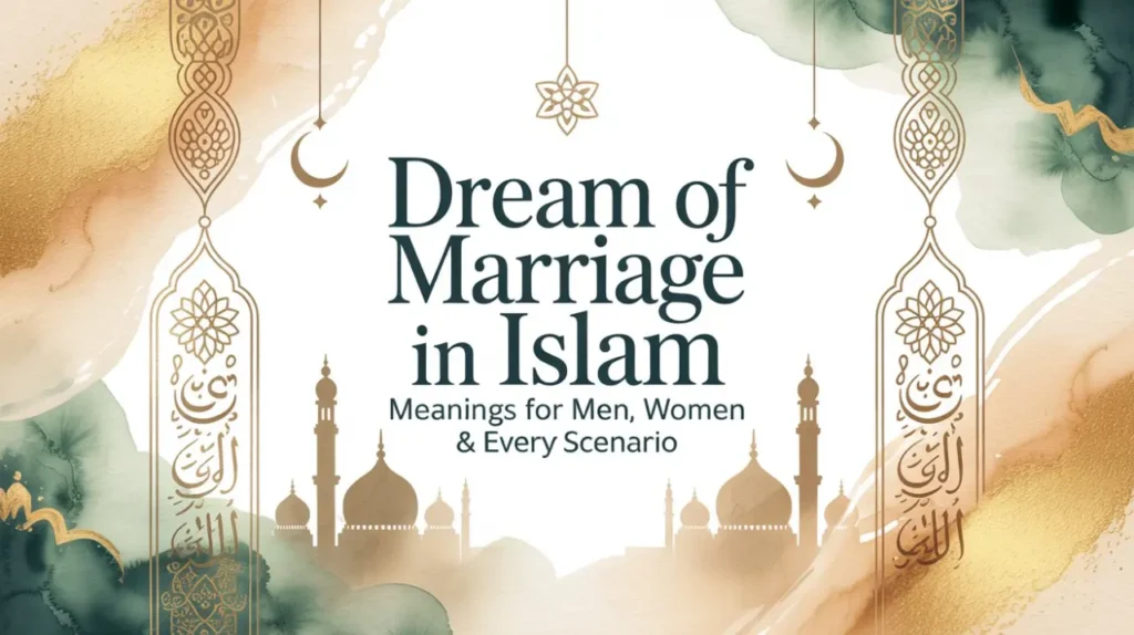 Decorative Islamic design frames the text "Dream of Marriage in Islam." Background has elegant gold and teal watercolor, evoking a serene and spiritual tone.