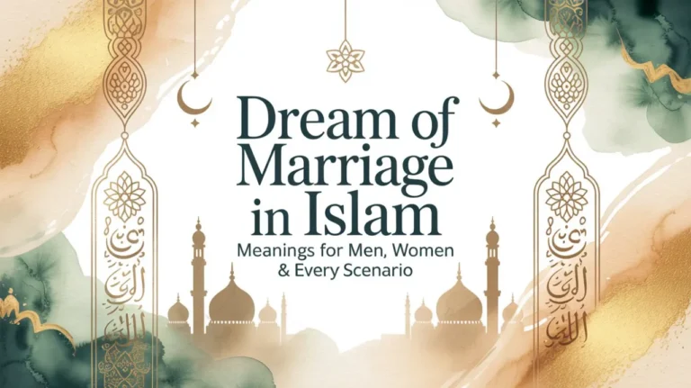 Decorative Islamic design frames the text "Dream of Marriage in Islam." Background has elegant gold and teal watercolor, evoking a serene and spiritual tone.