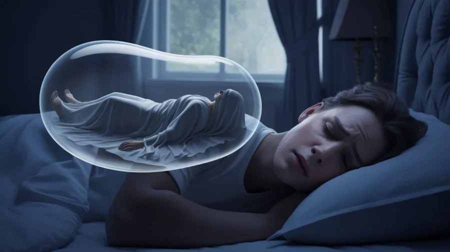 A person sleeps peacefully in bed, with a serene, transparent bubble above. Inside, a ghostly self-image lies on a white cloth, suggesting an out-of-body experience.