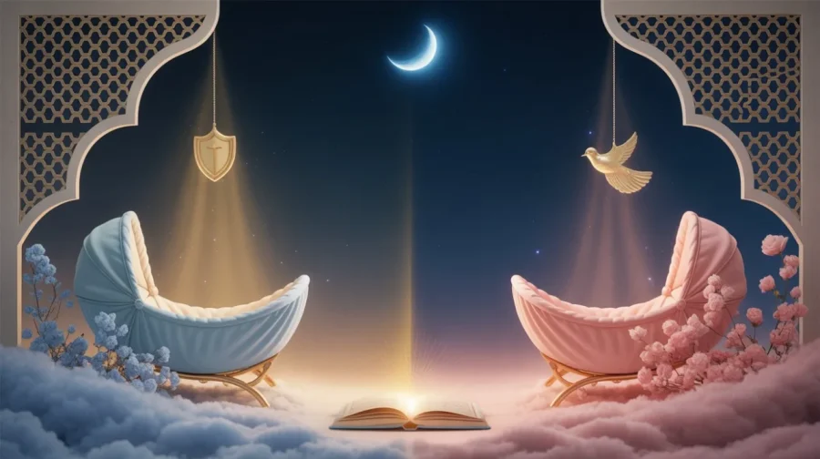Fantasy scene with a crescent moon, two cradle-like chairs above clouds, a glowing open book, shield, dove, and archway, creating a serene ambiance.