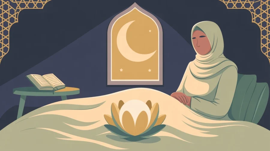 A woman in a hijab sits peacefully in a room with Islamic geometric patterns. An open book is on a table, and a crescent moon is visible through a window.