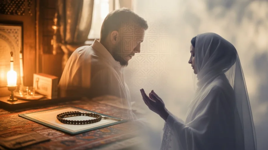 A man prays indoors near a glowing lamp, his head bowed over a rosary on a table, while a woman in a headscarf prays against a sky background.