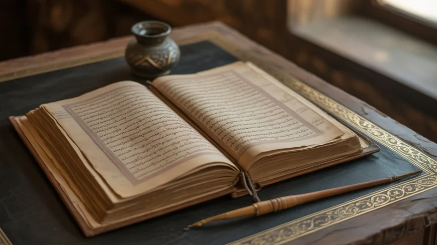 An open, antique book with Arabic script rests on an ornate, dark desk. A vintage inkwell and quill lie beside it, evoking a historical, scholarly feel.
