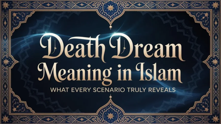 Elegant dark blue and gold Islamic-themed border surrounds the text "Death Dream Meaning in Islam: What Every Scenario Truly Reveals" in shining script.