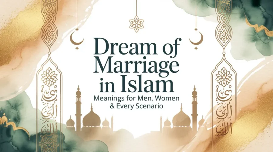 Decorative Islamic design frames the text "Dream of Marriage in Islam." Background has elegant gold and teal watercolor, evoking a serene and spiritual tone.