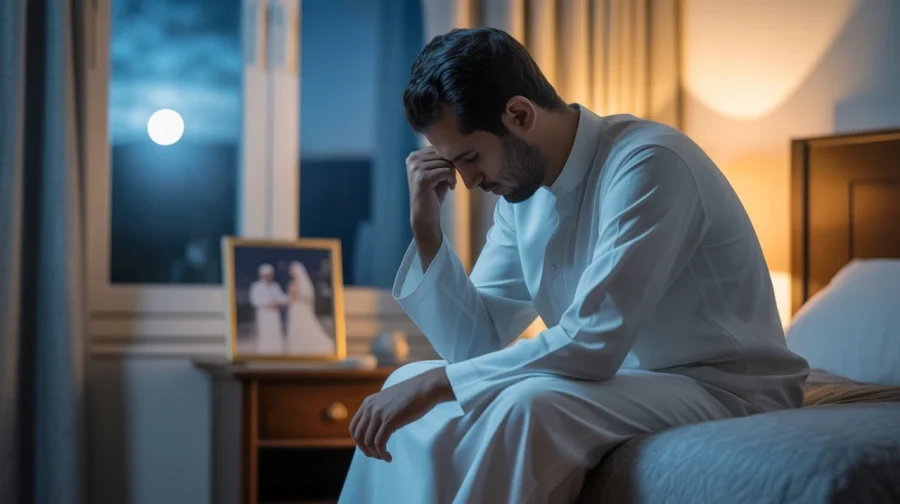 A man in a white robe sits on a bed, looking pensive with his head resting on his hand. A photo on a nightstand and a moonlit window set a contemplative mood.