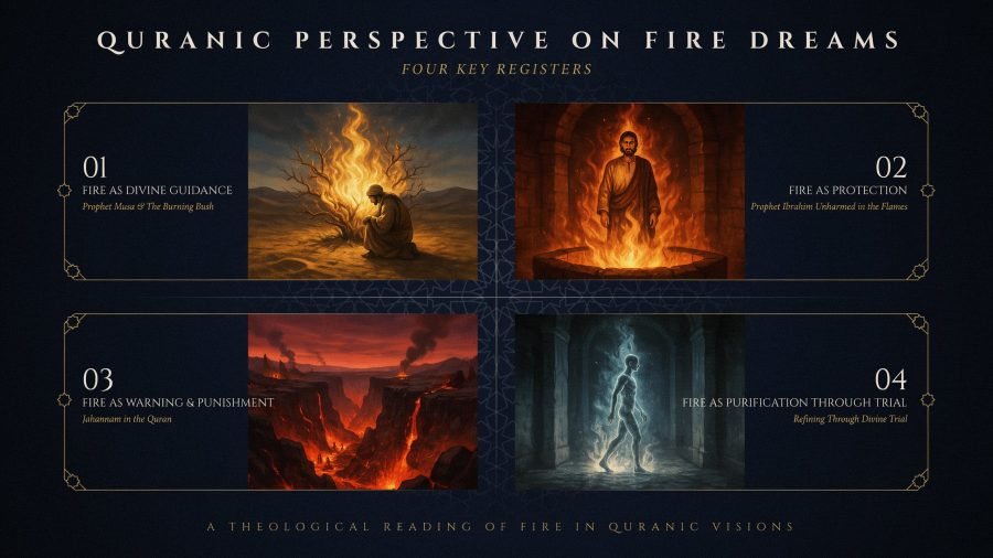Alt text: "Image titled 'Quranic Perspective on Fire Dreams' with four sections. Each section illustrates a theme: divine guidance, protection, warning and punishment, and purification through trial, using symbolic imagery of fire and figures. A theological reading emphasizes the significance of fire in Quranic visions."