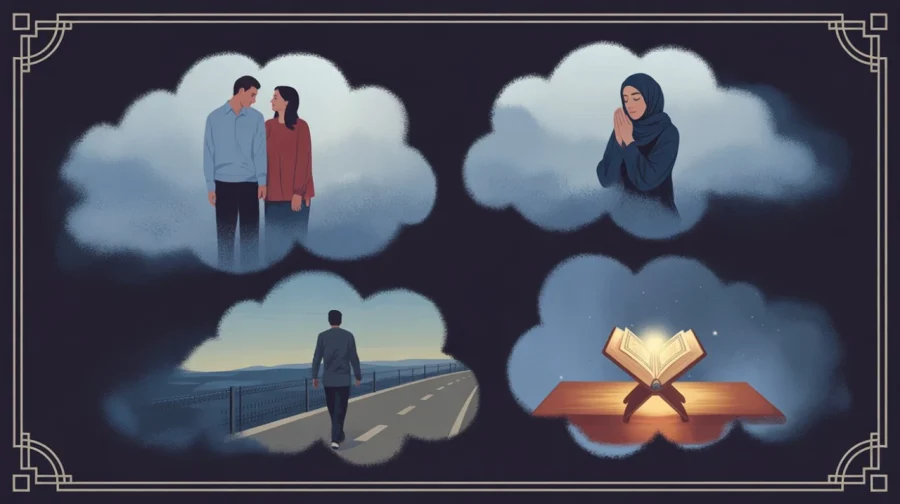 A collage of four scenes in cloud frames: a couple gazing at each other, a woman praying, a person walking by the sea, and an open book on a stand.