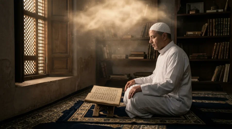 A man in traditional white attire sits cross-legged in a serene room, reading a large open book on a wooden stand. Sunlight filters through a window, casting a warm glow.
