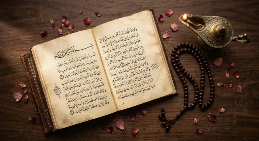 An open Quran displayed on a wooden table, surrounded by scattered rose petals, a string of prayer beads, and a decorative lantern. The scene feels peaceful and sacred.